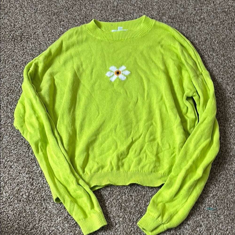Bright Green Sweater with Daisy Embroidery